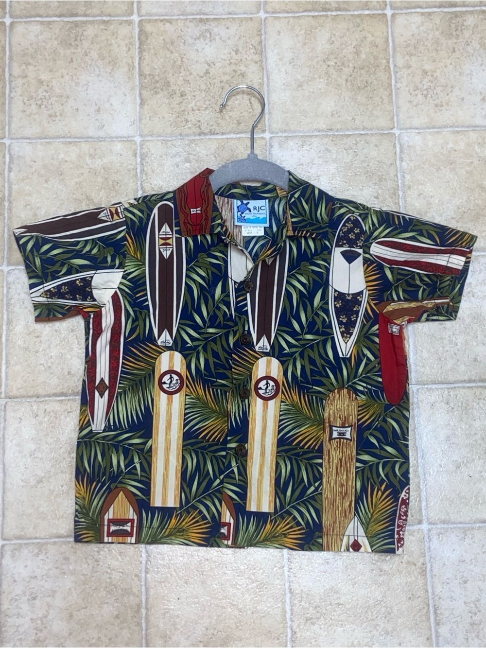 RJC Tropical Surfboard Print Hawaiian Shirt - Navy/Green Style 1261 Kids Size  5